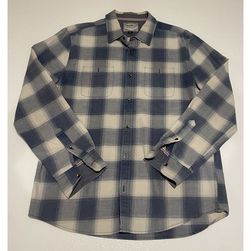 Mens Flag & Anthem Blue Plaid Button Down Shirt Size Large